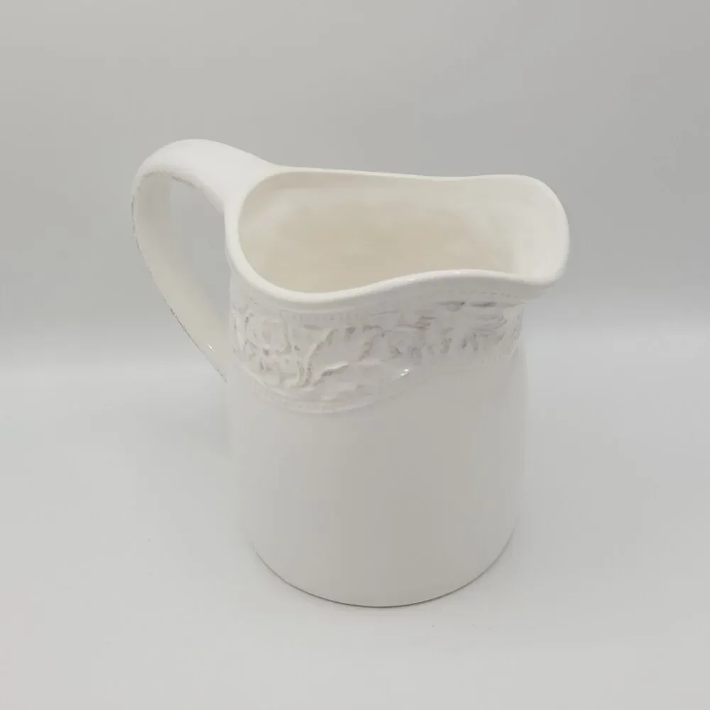 Pfaltzgraff Country Cupboard 7in Vintage Pitcher Vase Ivory Embossed Floral Band